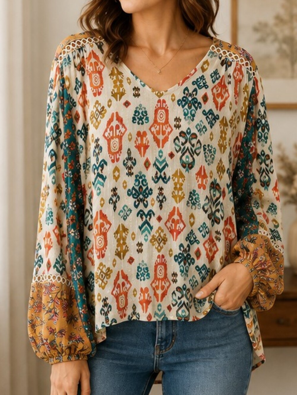 Farmers Market Boho Mixed Print Peasant Top Medium Metallic Thread